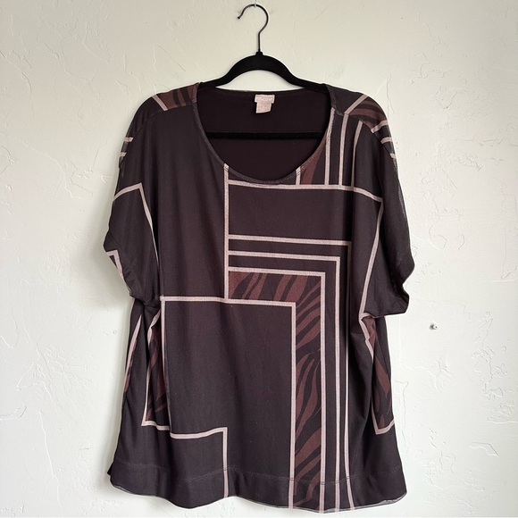 Chico's Tops - Chico's Women’s Black‎ Brown Cheetah Block Mesh Knit Top Short Sleeve Size XL